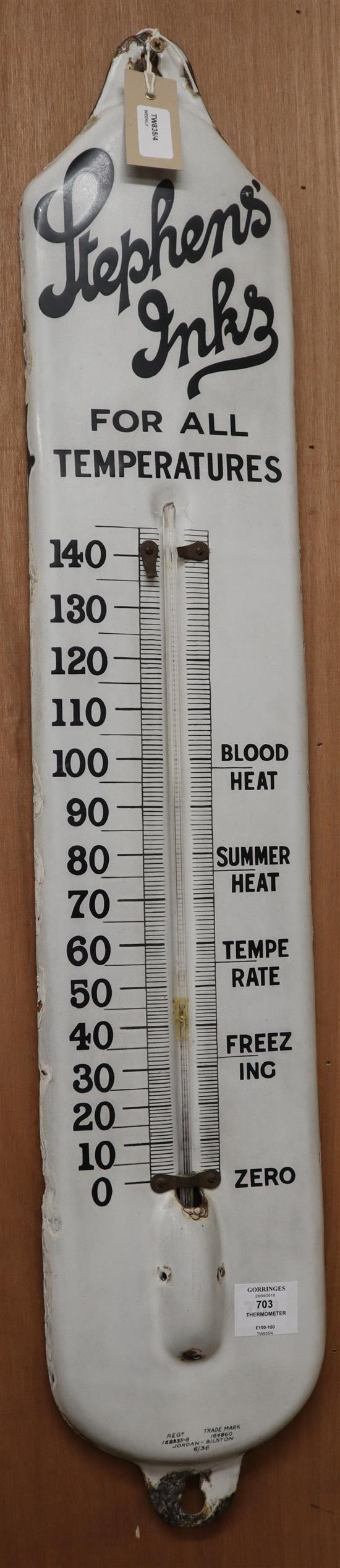 A Stephens Inks white-enamelled advertising thermometer, H 94cm H.93cm